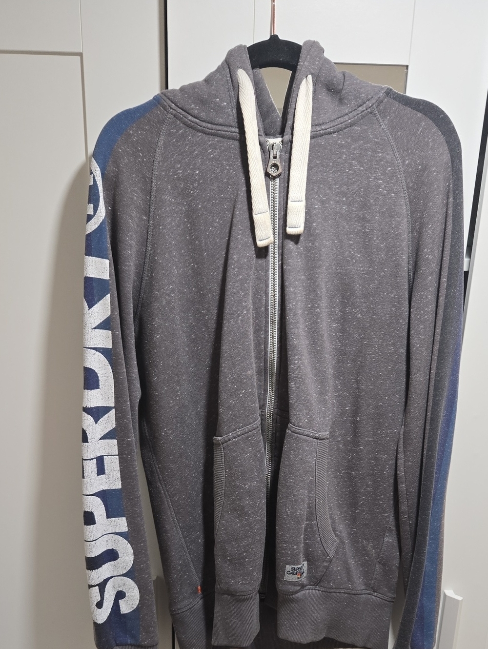 Superdry Men’s Gray Zip Hoodie with Blue Sleeve Panels and White Logo